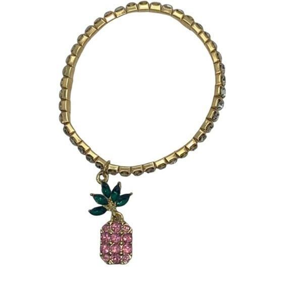NWT Gold-Tone Green Pink Pineapple Rhinestone Beaded Stretch Bracelet - Picture 5 of 8